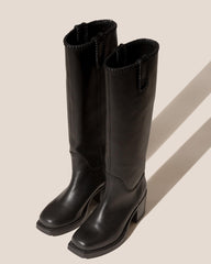 Hereu Boots | CALOBRA - Heeled Square-Toe Braided Detail Knee-High Boot - Women