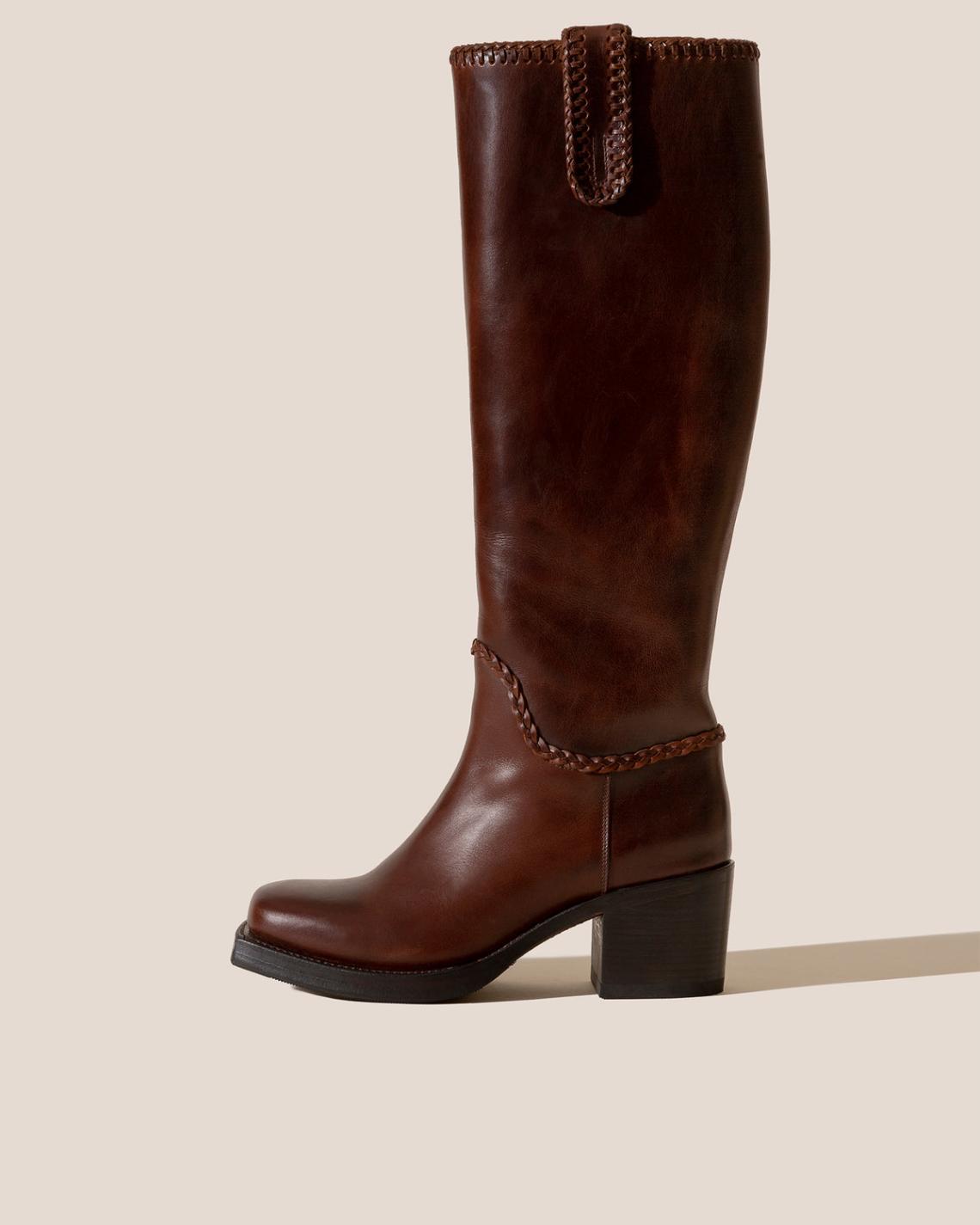 Hereu Boots | CALOBRA - Heeled Square-Toe Braided Detail Knee-High Boot - Women