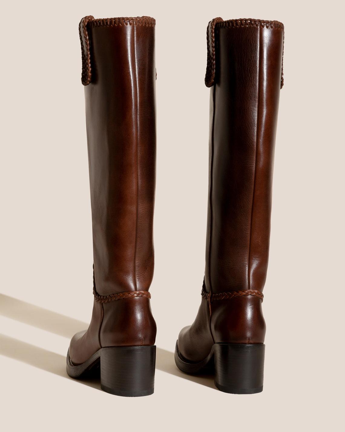 Hereu Boots | CALOBRA - Heeled Square-Toe Braided Detail Knee-High Boot - Women