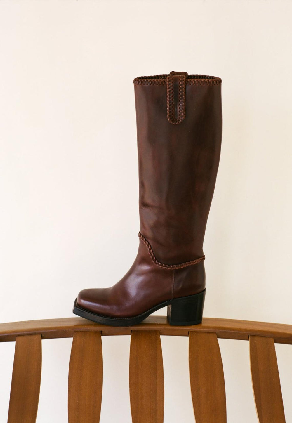 Hereu Boots | CALOBRA - Heeled Square-Toe Braided Detail Knee-High Boot - Women